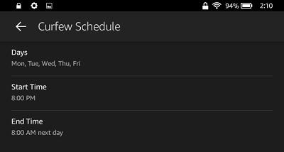 Configure Curfew Days and Time on Kindle Fire