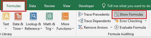 Show Formulas Option in Excel