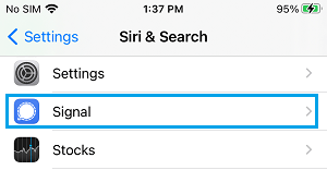 Apps on Siri and Search Settings Screen