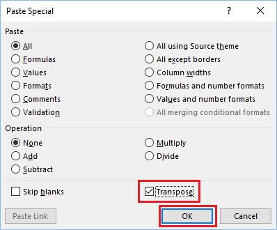 Transpose Option in Excel Paste Special Command