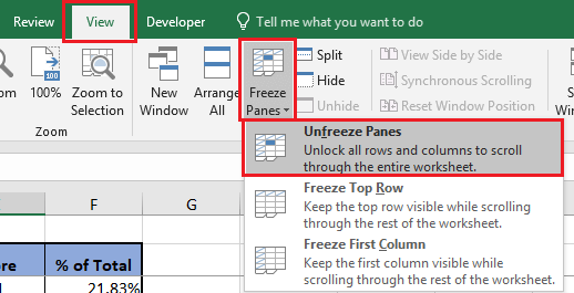 Unfreeze Panes Option in Excel