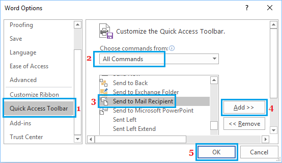 Add Send to Mail Recipient Option to Toolbar in Word