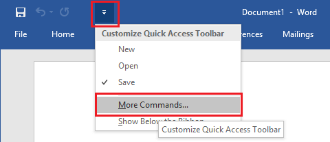 Customize Quick Access Toolbar Option in Word