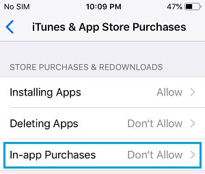 In-App Purchases Settings Option on iPhone