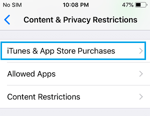 iTunes & App Store Purchases Settings Option on iPhone