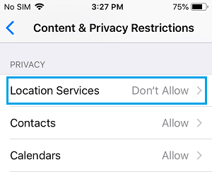 Location Services Option iPhone Content & Privacy Screen
