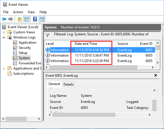 See Details of Startup and Shut Down Times in Event Viewer