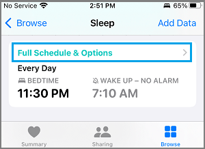 Sleep Mode Schedule Settings Option on iPhone