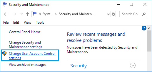 Change User Account Control settings Option in Windows