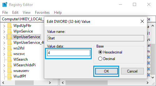 Change Value Data for WpnServivce Start Menu