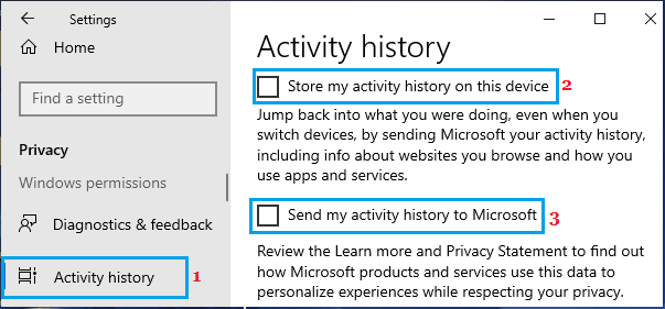 Disable Send Activity History to Microsoft