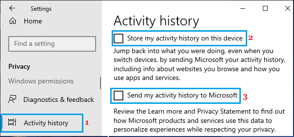 Deaktivieren Sie Aktivitätsverlauf An Microsoft Senden