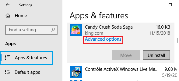 Open Advanced Options For App in Windows 10