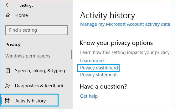 Privacy Dashboard Link in Windows 10