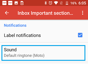 Gmail Notifications Sound Settings Option on Android Phone