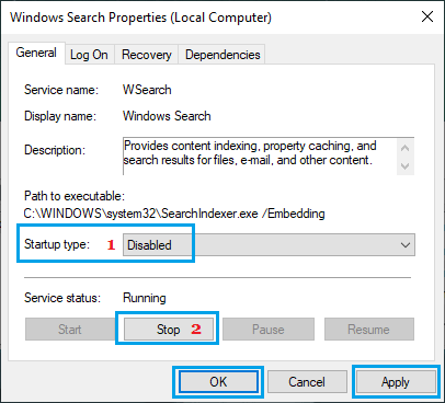 Disable Windows Search Service