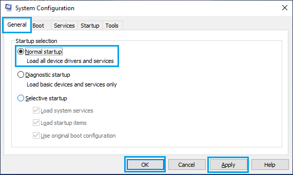 Normal Startup Option on Windows System Configuration Screen