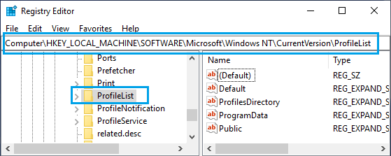 Navigate to HKEY_LOCAL_MACHINE\SOFTWARE\Microsoft\Windows NT\CurrentVersion\ProfileList