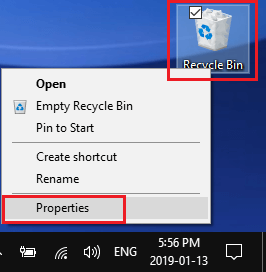 Open Recycle Bin Properties in Windows 10