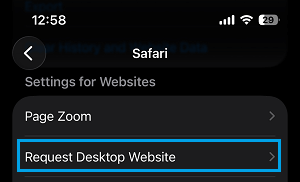 Request Desktop Website Settings Option in Safari browser