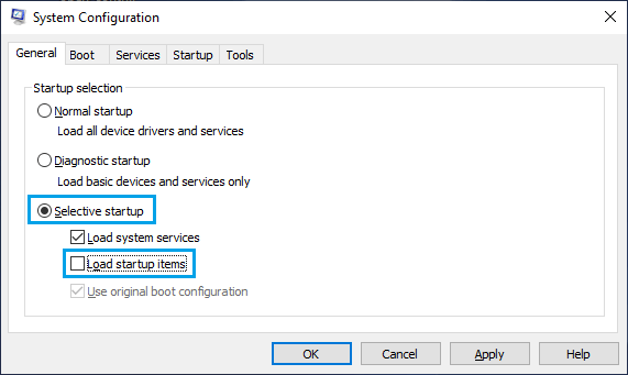 Selective Startup Option on System Configuration Screen