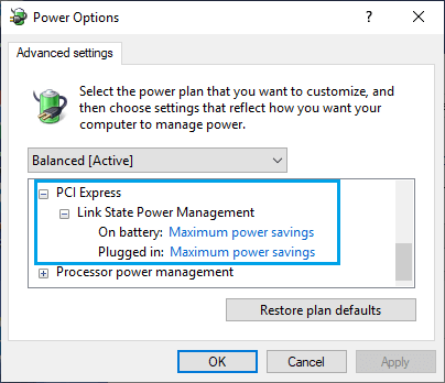 Change PCI Express Link State Power Management Settings