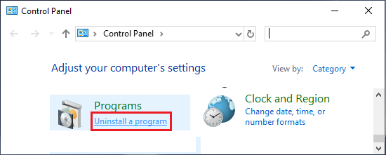 Uninstall a program Option in Windows Control Panel