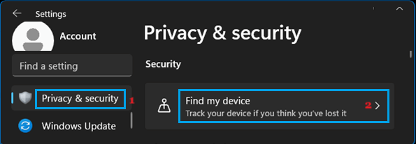 Find My Device Settings Tab in Windows