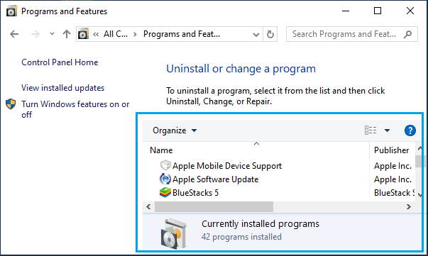 Installed Apps Listed on Control Panel