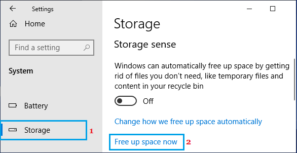 Free Up Storage Space Option in Windows