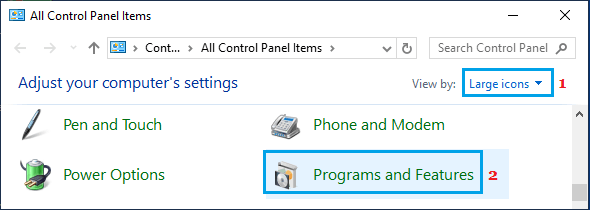 Programs & Features Link On Control Panel