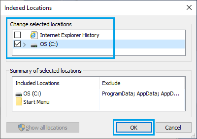 Select Windows Indexing Locations