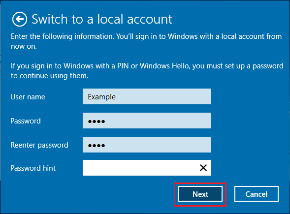 Enter User Name and Password For Local User Account