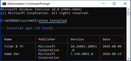 View Installed Apps Using Microsoft Store CLI