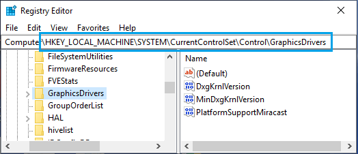 GraphicsDrivers Folder on Windows Registry Editor Screen