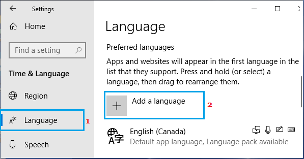 Add Language Option in Windows 10
