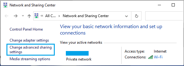 Change Advanced Sharing Settings Option in Windows 10