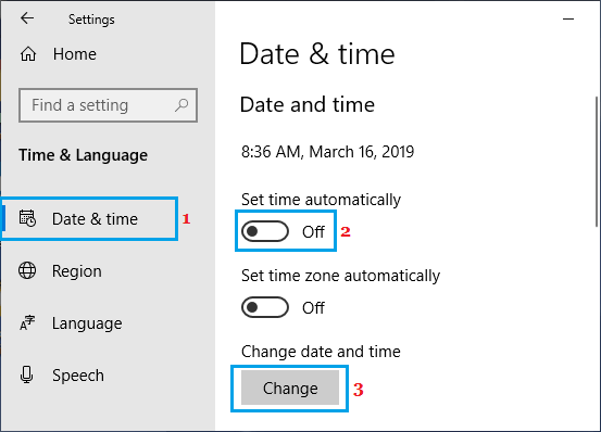 Manually Change Date and Time Option in Windows 10