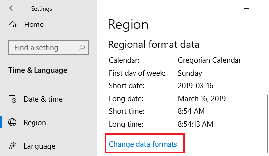 Change Data Formats option on Windows Time & Language screen