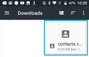 Android Contacts VCF File on Downloads Screen