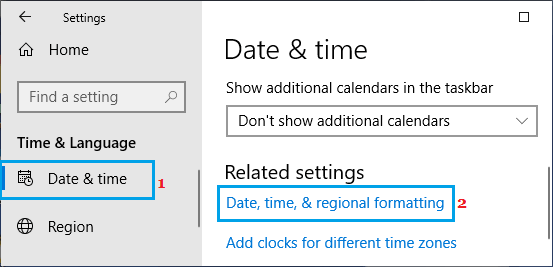 Date, time and regional formatting option on Windows PC