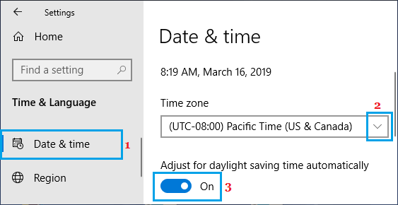 Set Time Zone in Windows 10