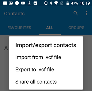 Import and Export Contacts Option on Android Phone