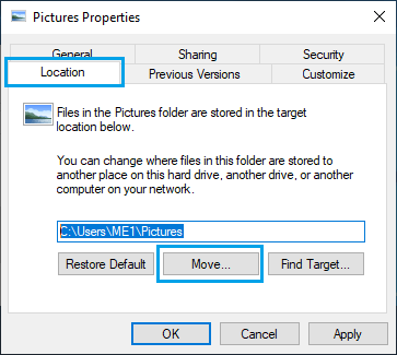 Move Option on Picture Folder Properties Screen