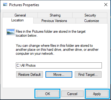 Move Picture Folder to Another Location on Windows PC