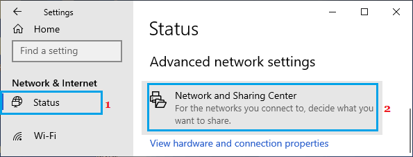 Network and Sharing Center option in Windows 10