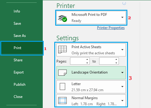 PDF Printer Settings Option in Microsoft Excel