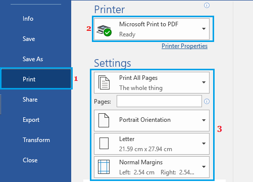 PDF Printer Settings in Microsoft Word