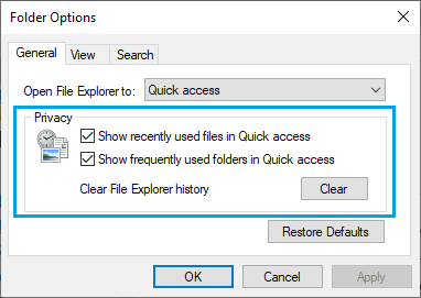 Privacy Settings on Folder Options General Tab
