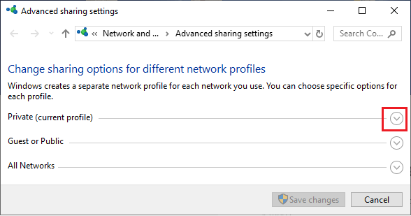 Open Private Network on Windows File Sharing Screen